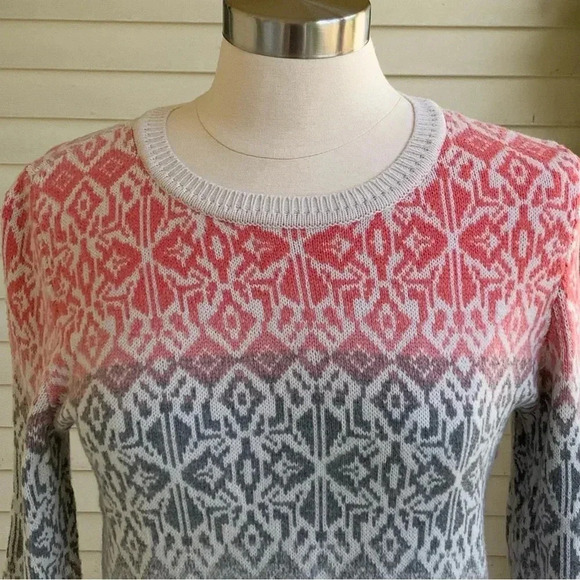 Talbots Pullover Sweater Lambswool Blend Coral & Gray Block Print Size Medium - Picture 5 of 7